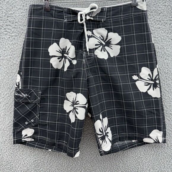 Panama Jack Mens 32 Black White‎ Floral Swim Trunks Board Shorts Hawaiian Island - Picture 1 of 9